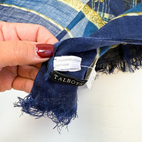 NWT Talbots Blue Gold Plaid Jewels Chiffon Scarf Silk Cashmere Wool - OS - Picture 4 of 6